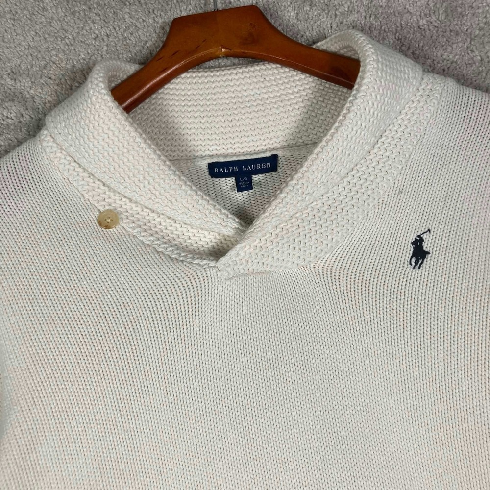 Vintage Ralph Lauren Shawl Neck Sweater Womens L White Cotton Knit Pony Logo - Picture 2 of 13